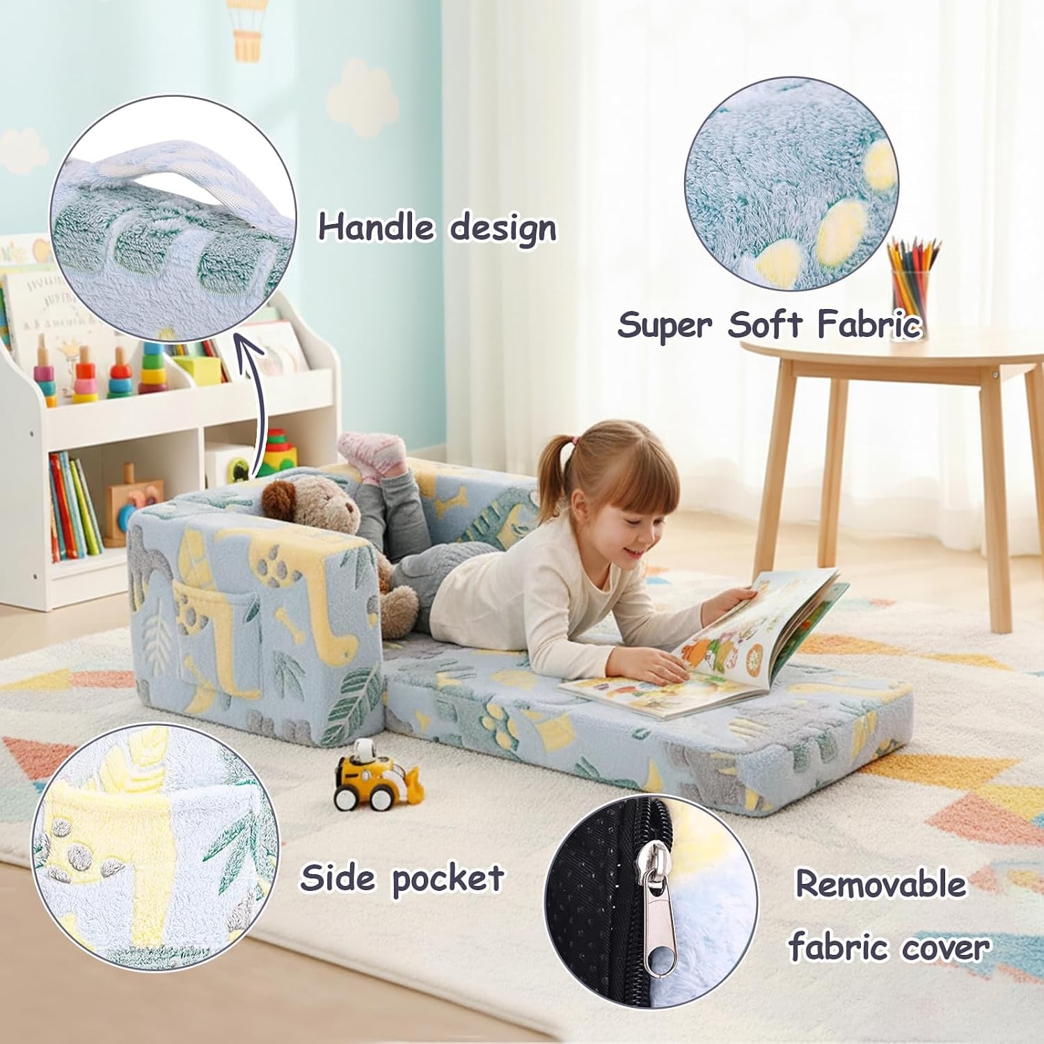Kids Fold Out Sofa Dinosaur 2-in-1 Couch Chair, detail view
